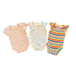 EUC Lot of 3 100% Cotton Baby Girl One-piece Bodysuits Colorful Ruffle Sleeve